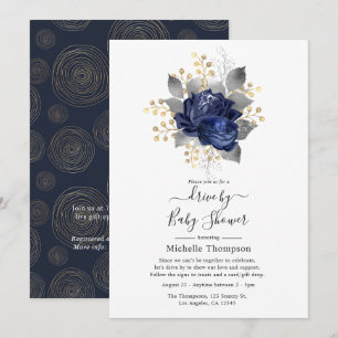 Invitation Navy Blue, Or et Argent Floral Drive By Shower