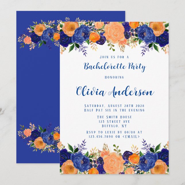 Invitation Navy Blue Orange Floral Bachelorette Party Invitat (Devant / Derrière)
