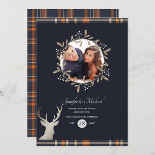 Invitation Navy Blue Orange Tartan Stag PHOTO N'IMPORTE QUEL