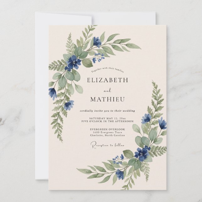 Invitation Navy Blue Organic Spring Wedding (Devant)
