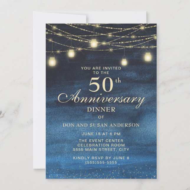 Invitation Navy Blue Paillettes Dorées 50e Anniversaire de Ma (Devant)