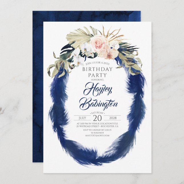 Invitation Navy Blue Pampas Herbe Tropical Anniversaire (Devant / Derrière)