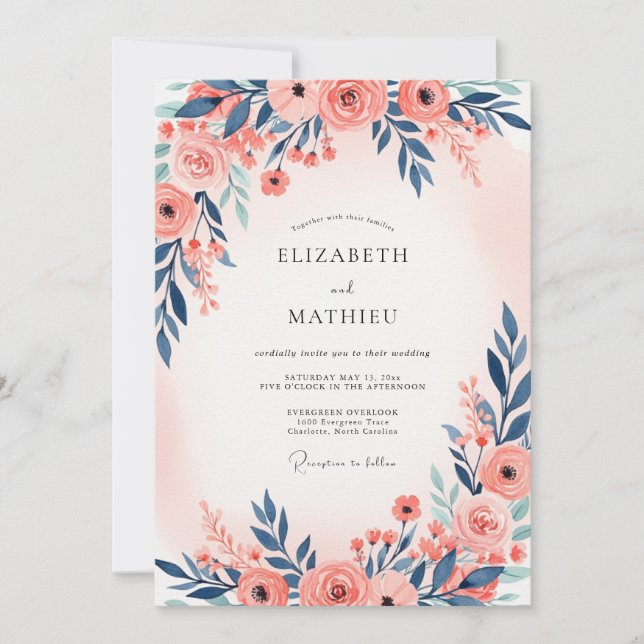 Invitation Navy Blue Peach Ethereal Spring Wedding (Devant)