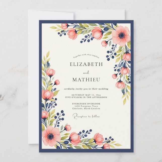 Invitation Navy Blue Peach Vibrant Spring Floral Wedding (Devant)