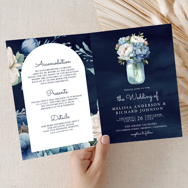 Invitation Navy Blue Peony Mason Jar QR Code Wedding (Créateur téléchargé)