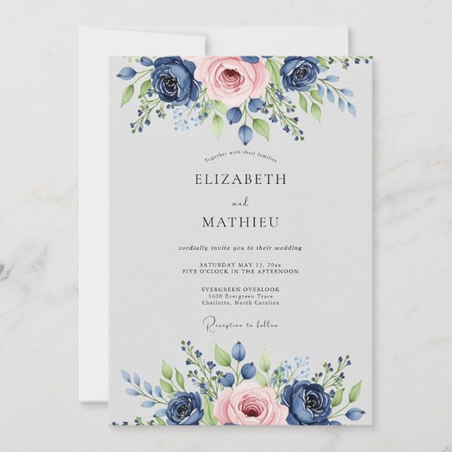 Invitation Navy Blue Pink Lavish Botanical Wedding (Devant)
