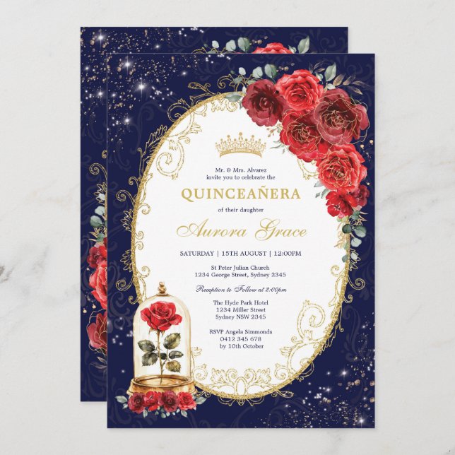 Invitation Navy Blue Quinceañera Enchantée Red Roses (Devant / Derrière)