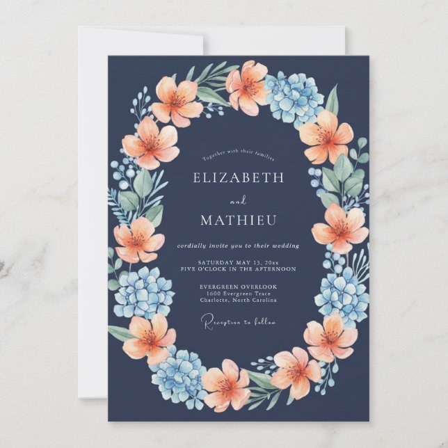 Invitation Navy Blue Radiant Blossom Wedding (Devant)