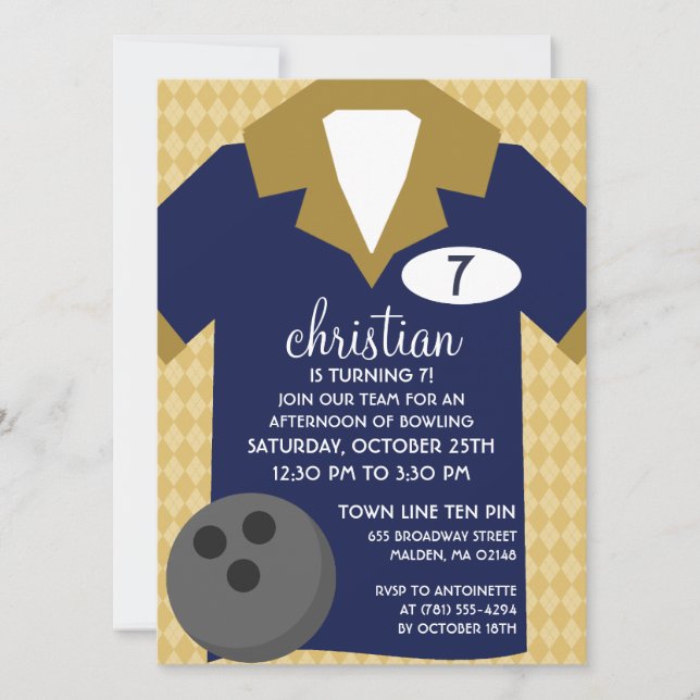 Invitation Navy Blue Rejoignez le Team Bowling Birthday Party (Devant)