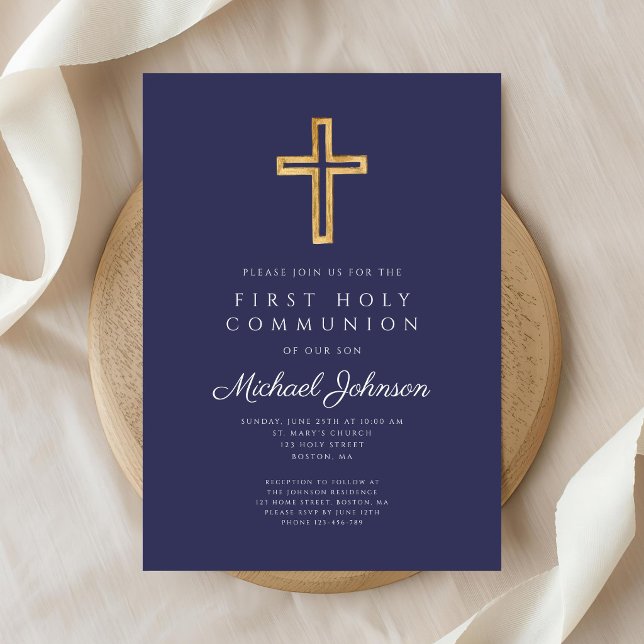 Invitation Navy Blue Religious Cross Boy First Communion (Navy Blue Religious Cross Boy First Communion Invitation)