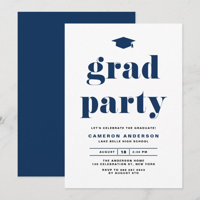 Invitation Navy Blue Retro Bold Typographie Parti de graduati (Devant / Derrière)