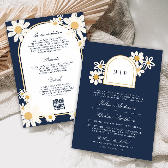 Invitation Navy Blue Retro Yellow Daisy All in One Wedding (Créateur téléchargé)