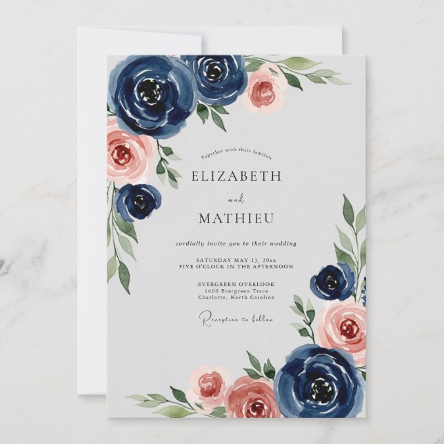 Invitation Navy Blue Romantic Peony Wedding (Devant)