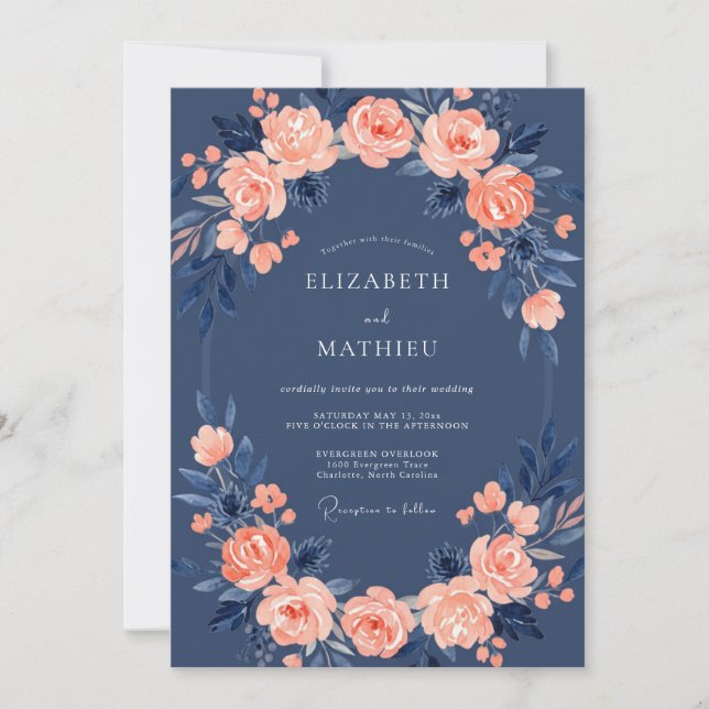 Invitation Navy Blue Rose Wedding (Devant)