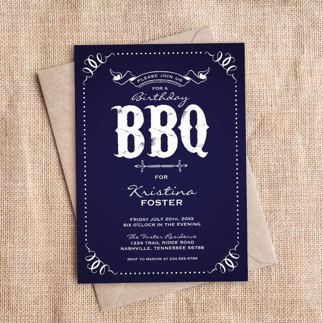Invitation Navy Blue Rustic Anniversaire de fête BBQ (Créateur téléchargé)