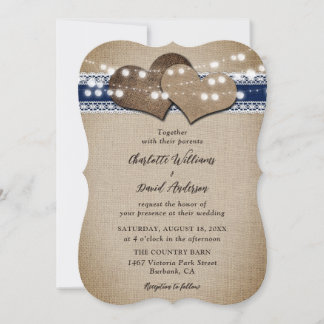 Invitation Navy Blue Rustic Country Burlap Lace Mariage