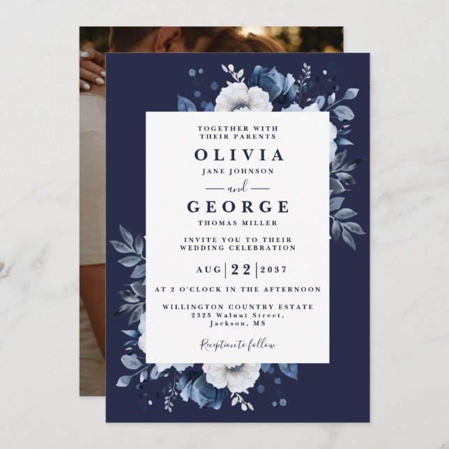 Invitation Navy Blue Rustic Elegant Floral Photo Mariage (Devant / Derrière)