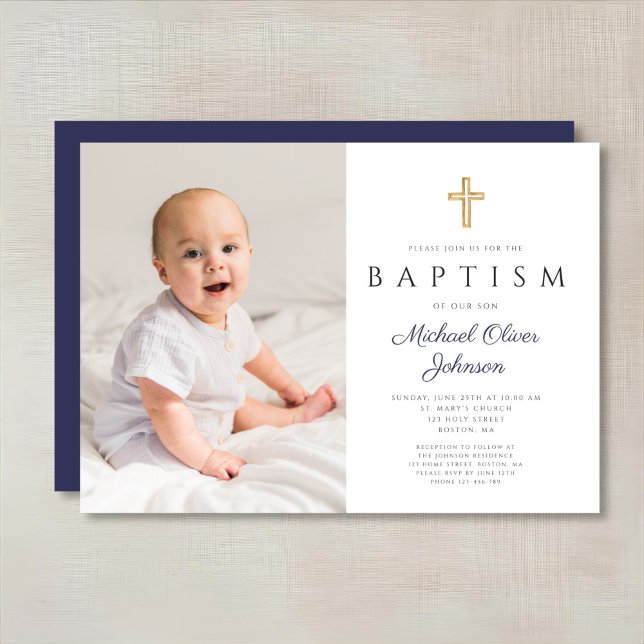 Invitation Navy Blue Script Cross Boy Photo Baptême (Navy Blue Script Cross Boy Photo Baptism Invitation)