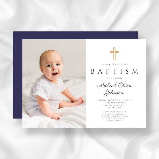 Invitation Navy Blue Script Cross Boy Photo Baptême (Navy Blue Script Cross Boy Photo Baptism Invitation)
