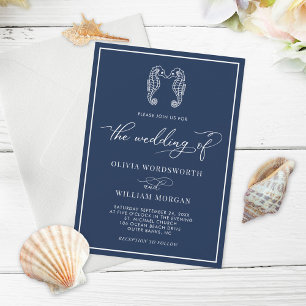 Invitation Navy Blue Seahorse Coastal Beach Script Mariage