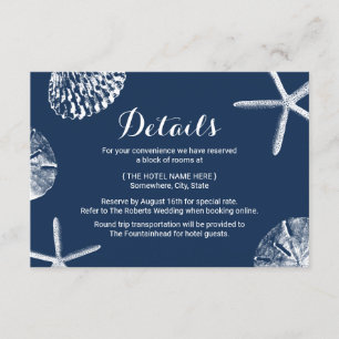 Invitation Navy Blue Seashells Beach Détails du mariage