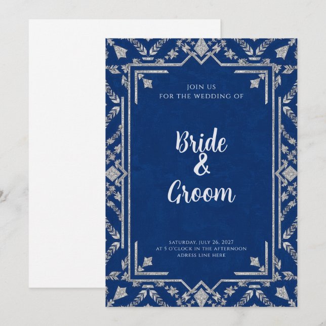 Invitation Navy Blue Silver Botanical Snowflake Winter (Devant / Derrière)