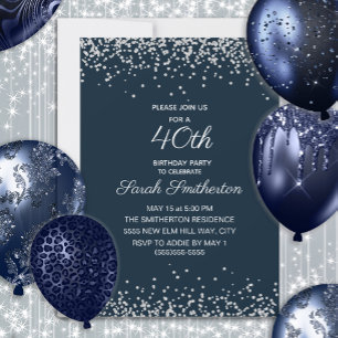 Invitation Navy Blue Silver Diamond Pailleté 40e Anniversaire