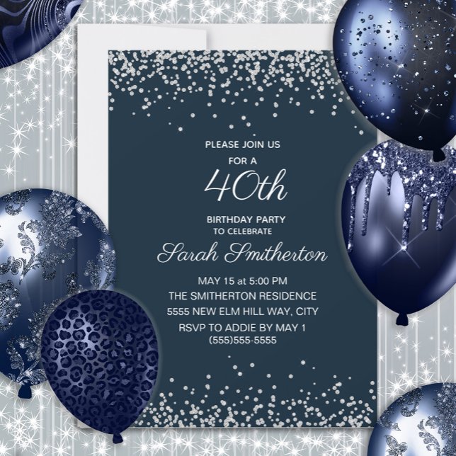 Invitation Navy Blue Silver Diamond Pailleté 40e Anniversaire (Navy blue and silver glitter women's 40th birthday party invitation)