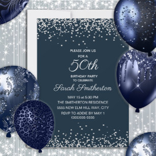 Invitation Navy Blue Silver Diamond Pailleté 50e Anniversaire
