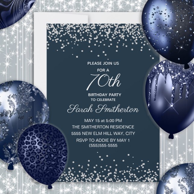 Invitation Navy Blue Silver Diamond Pailleté 70e Anniversaire (Navy blue and silver glitter women's 70th birthday invitation)