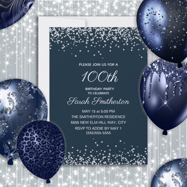 Invitation Navy Blue Silver Diamond Pailletés 100e Anniversai (Navy blue and silver glitter 100th birthday party invitation for women. Customize with your own text)