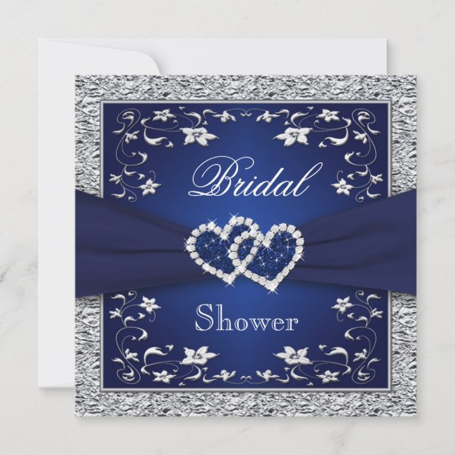 Invitation Navy Blue, Silver Floral, Hearts Fête de l'mariée (Devant)