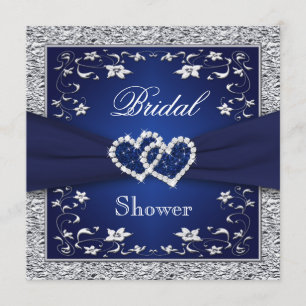 Invitation Navy Blue, Silver Floral, Hearts Fête de l'mariée