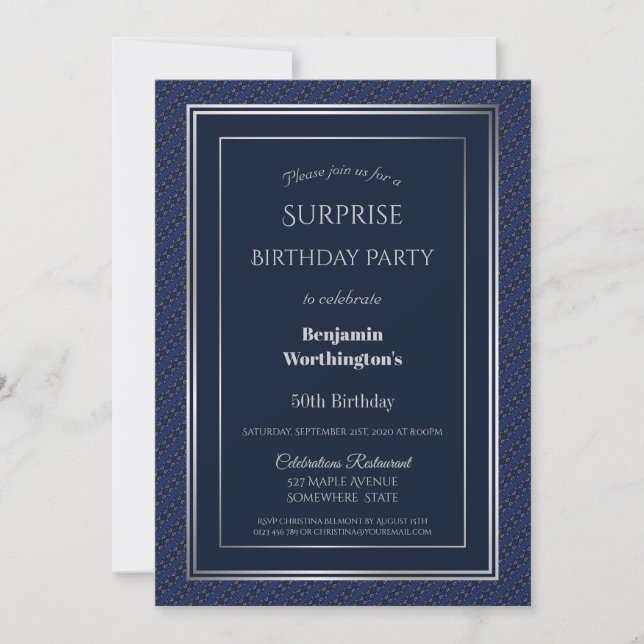 Invitation Navy Blue Silver Surprise 50e fête d'anniversaire (Devant)