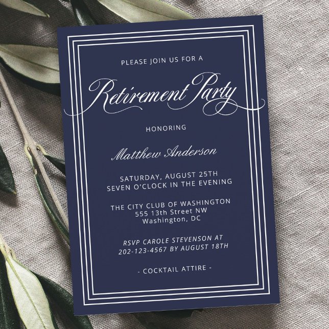 Invitation Navy Blue Simple Elegant Retraite Party (Créateur téléchargé)