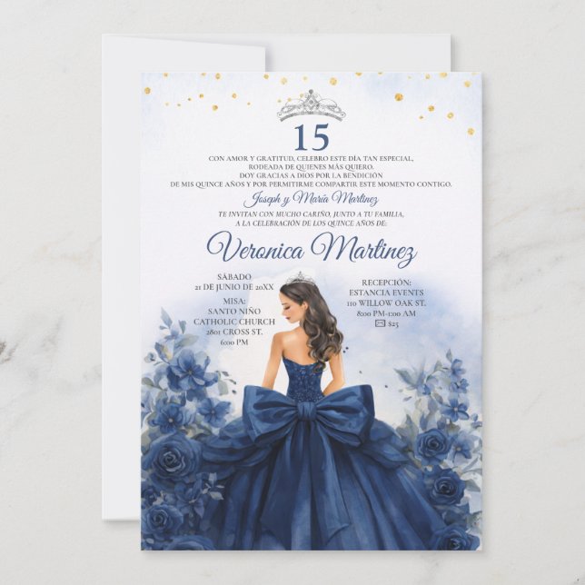 Invitation Navy Blue Spanish Princess Florale Douce 15 Ans (Devant)