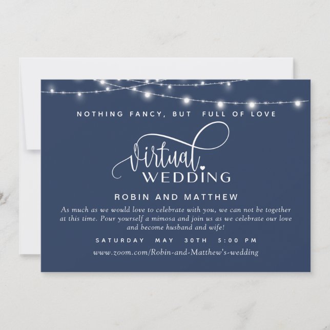 Invitation Navy Blue, String Lights, Mariage virtuel en ligne (Devant)