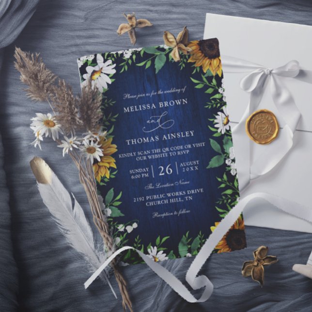 Invitation Navy Blue Sunflower Rustic Budget QR Code Wedding (Créateur téléchargé)