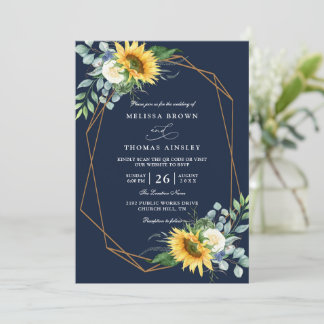 Invitation navy blue Sunflower white peony qr code wedding