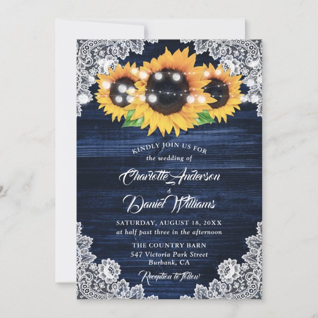 Invitation Navy Blue Sunflower Wood Floral Lace Wedding (Devant)