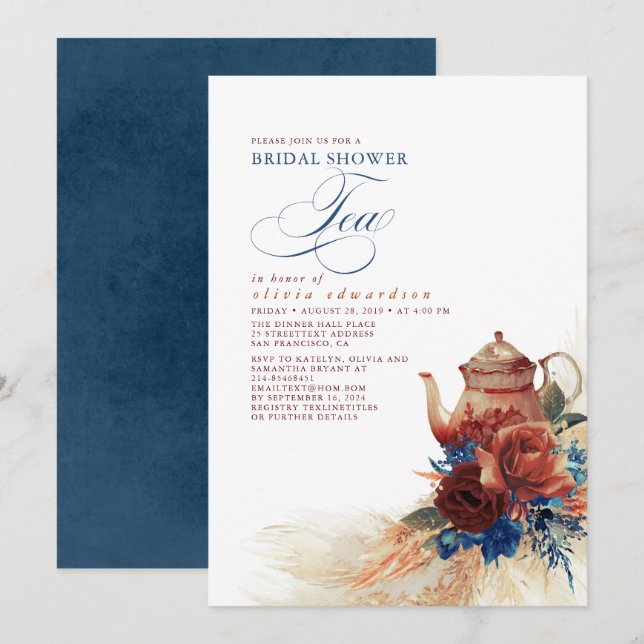 Invitation Navy Blue Terracotta Floral Fête des mariées Thé (Devant / Derrière)
