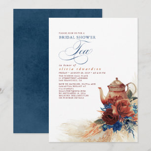Invitation Navy Blue Terracotta Floral Fête des mariées Thé