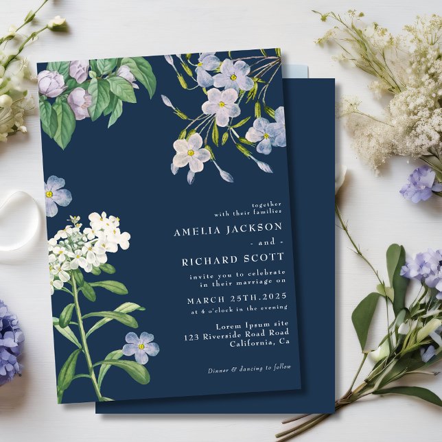 Invitation Navy blue watercolor wildflowers classic wedding (Créateur téléchargé)