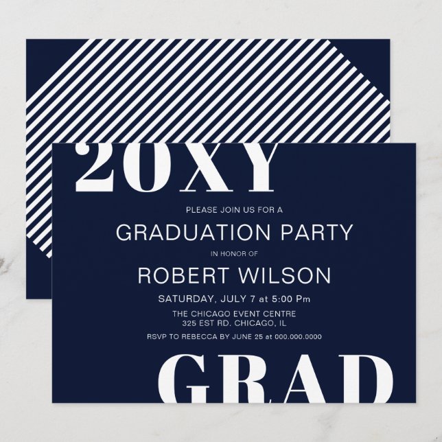 Invitation Navy Blue White Bold Typographie Parti de graduati (Devant / Derrière)