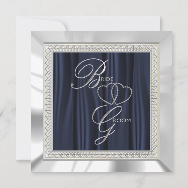 Invitation Navy Blue, White Satin et Silver Mariage (Dos)