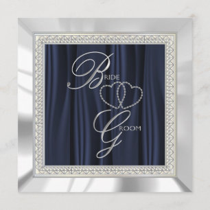 Invitation Navy Blue, White Satin et Silver Mariage