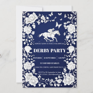 Invitation Navy Blue & White Toile Floral Kentucky Derby Invi