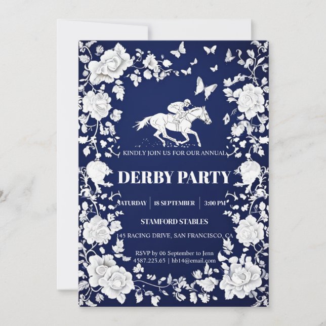 Invitation Navy Blue & White Toile Floral Kentucky Derby Invi (Devant)
