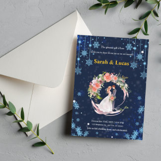 Invitation Navy Blue Winter Snow Floral Wreath Wedding Invite
