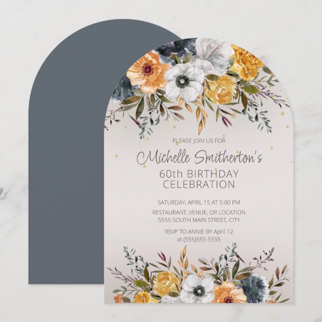 Invitation Navy Blue Yellow Floral Glitter 60e Anniversaire (Devant / Derrière)